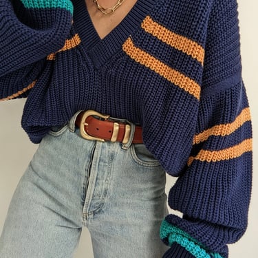 Vintage Striped Blue Cotton V-Neck Sweater