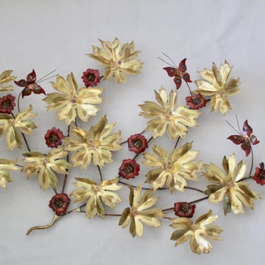 John Cody Large Mixed Metal Brutalist Wall Sculpture Flowers Leaves Butterflies Detail Signed 