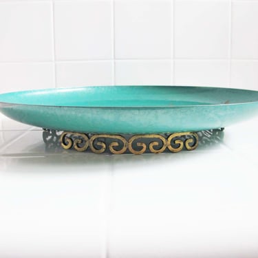 Vintage Kyes Pasadena Teal Green Round Footed Brass Tray - Mid Century Moire Glaze Enamel Dish - Condition Issues READ 