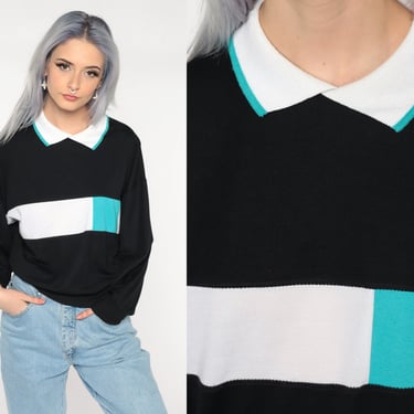 Color Block Sweatshirt Black Collared Sweatshirt 80s Sweater Slouchy Pullover Sweat Shirt Vintage White Blue Small S 