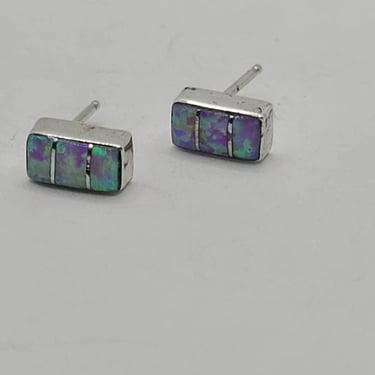 Faux Opal Inlaid Sterling Silver Post Rectangular Earrings 