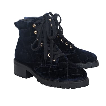 Sandro - Navy Quilted Velvet Combat Short Boots Sz 9