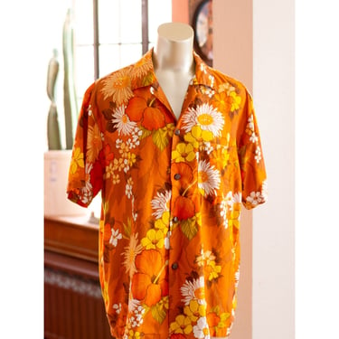 Vintage Hawaiian Shirt - 1950s, 1960s - Royal Hawaiian - Orange, Yellow Floral - Summer, Mid Century - Elvis - Made in Hawaii 