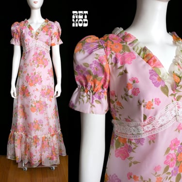 BEAUTIFUL Vintage 60s 70s Pink Orange Floral Babydoll Puff Sleeves Maxi Dress 