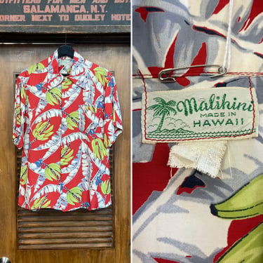 Vintage 1940’s “Malihini” Atomic Banana Tree Tiki Hawaiian Shirt, 40’s Vintage Clothing 