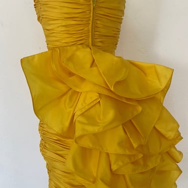 J80s structural prom dress, yellow prom dress, puffy tail 80s prom dress, 90s cocktail party prom dress small xs s 2/4 