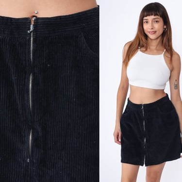 Corduroy Mini Skirt Black Exposed Zipper Skirt Y2K High Waisted A Line Skirt Retro Plain Zip Up Solid Vintage Medium Large 30 