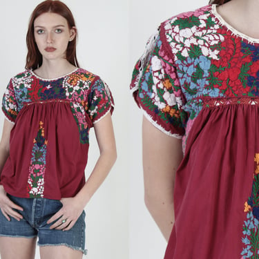 Maroon Cotton Oaxacan Tunic / Crochet Trim Mexican Blouse / A Line Made In Mexico Shirt / Womens Bright Floral Hand Embroidery 
