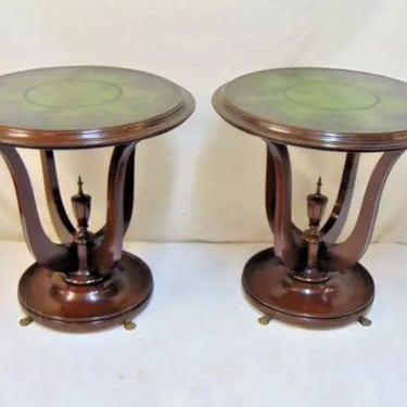 Tables, Leather Top, Mahogany, Pair, Green Top, 26.75&quot;, Brass feet, Vintage!!