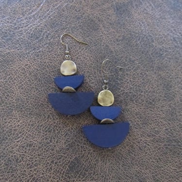 Blue geometric wooden mid century modern earrings 