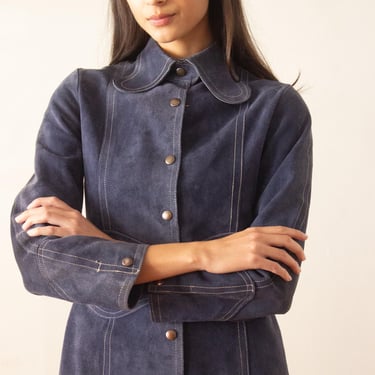 1970s Denim Blue Suede Contrast Stitch Jacket with Curvy Collar 