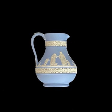 Vintage 1960s Wedgwood Blue & White Jasper Jasperware Urn JUG Vase 5.75" Tall with Neoclassical Scenes England English Porcelain 