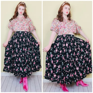 1990s Vintage New Nostalgia Navy Floral Tiered Skirt / 90s Rayon Pink Floral Roses Ruffled Hem Cottage Core Broomstick/ Small - Medium 