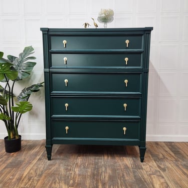 Available! Dark emerald green Midcentury Neoclassical chest of drawers. 