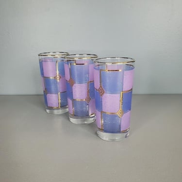 Set of 3 Purple Blue Gold Print Tumbler Drinking Glasses 