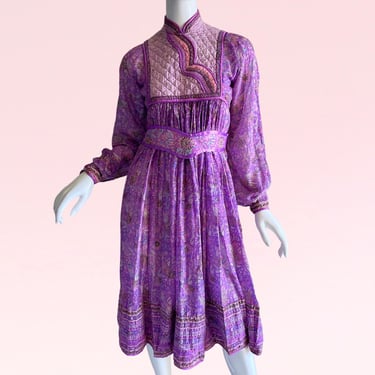 Vintage 1970s Indian Gauze Metallic Dress,Floral Block Print Hippie Summer Festival Dress Small 