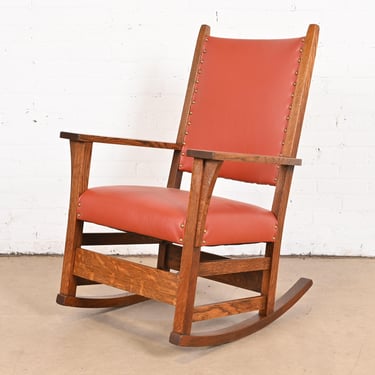 Gustav Stickley Arts &#038; Crafts Oak and Leather Rocking Chair, Fully Restored