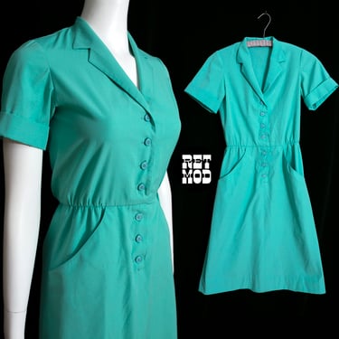 Chic Vintage 70s Teal Collared Dress with Pockets by Young Traditions 