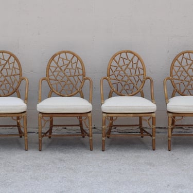 Four 4 Authentic Vintage Iconic Natural Finish McGuire Cracked Ice Arm Chairs Cane Seat Rawhide 