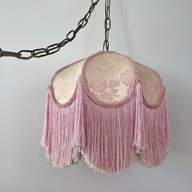 Vintage Swag Lamp - Pink Fabric Swag Lamp with Fringe - Vintage Lighting - Pink Pendant Lamp - Pink Scalloped Lamp Shade - Pink Fringe Lamp 