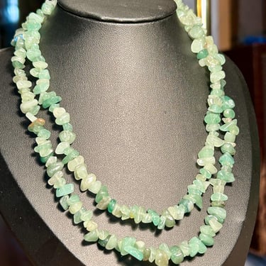 Green Crystal Nugget Chip Necklace Long  Length 32”  Beaded 