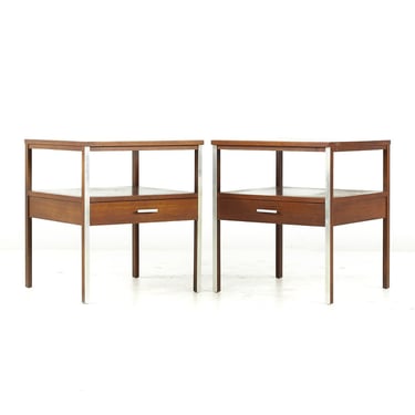Paul McCobb for Calvin Linear Mid Century Walnut and Stainless Steel Side Table – Pair - mcm 