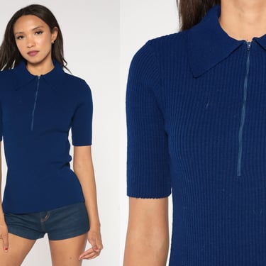 Navy Knit Shirt 70s Blue Quarter Zip Sweater Short Sleeve Sweater Top Dagger Collar Zipper Front 1970s Vintage Seventies Small S 