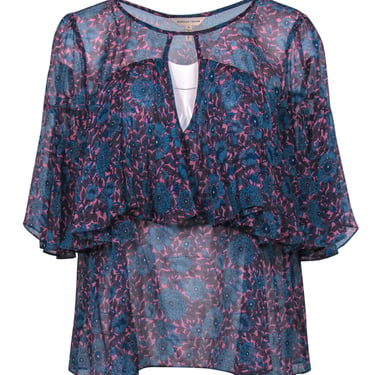 Rebecca Taylor - Blue & Pink Floral Print Cap Sleeve Silk Blouse w/ Flounce Sz 10