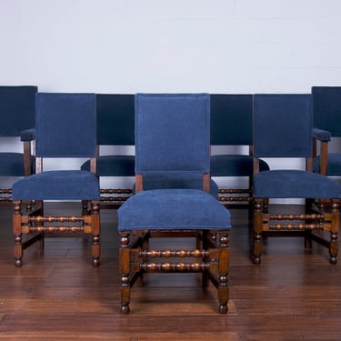 Antique French Louis XIII Tiger Oak Dining Chairs W/ Dark Blue Fabric - Set of 8 