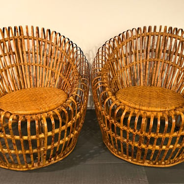 Vintage MCM Rattan Barrel Chairs Set of 2 