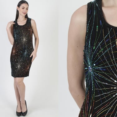 Black beaded Dress, Rainbow Firework Print, Short Cocktail Party Mini, Formal Event Sundress 