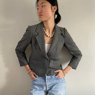 90s cropped blazer / vintage charcoal gray wool lightweight cropped petite capsule wardrobe schoolboy blazer made in USA | Medium 