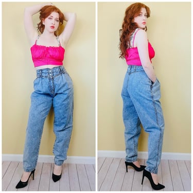 1980s Vintage Jordache Acid Wash Jeans  / 80s Cotton High Waisted Princess Cut Rocker Denim Pants / XL Waist 32" 