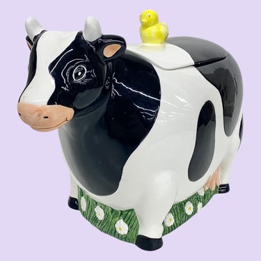 Vintage Cooks Club Cookie Jar Retro 1990s Farmhouse + Cow with Chick + Black and White + Ceramic + Kitchen + Dessert Storage + Home Decor 