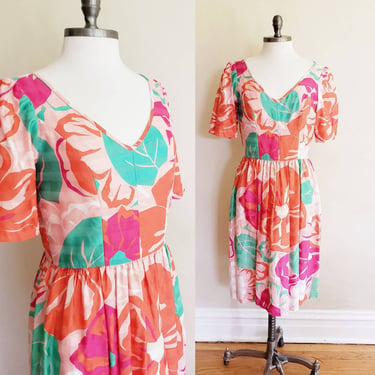 Vintage 50s 60s Style Floral Print Cocktail Dress Ruth Chagnon / Short Sleeve Mulitcolored Cotton Party Dress / Medium 