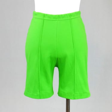 60s 70s Lime Green Shorts - 24" waist will stretch - High Rise - Synthetic Knit - Vintage 1960s 1970s - S M 