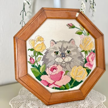 Vintage Needlework Wall Art, Persian Cat, Kitten, Hand Stitched, Roses, Octagon Wood Frame, Home Decor, Wall Hanging, Yarn Art 