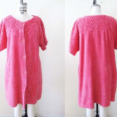 Vintage Pink Terrycloth Pool Cabana Beach Dress M  - 60s 70s Bright Pink Button Front Towel Chenille Textured Vacation Dress 