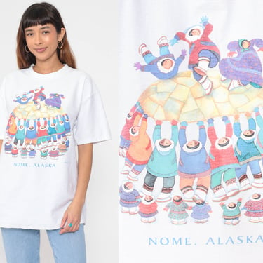 Nome Alaska T-Shirt 90s Graphic Inuit Tee Glittery Parachute Game Native Alaskan TShirt Retro White Sparkly Vintage 1990s Extra Large xl 