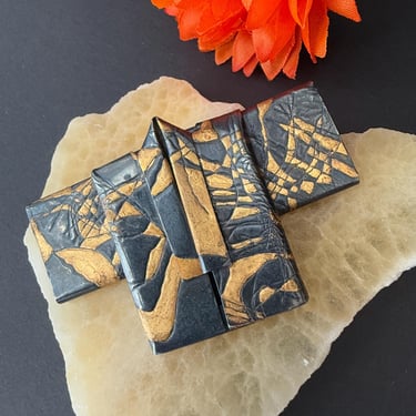 FABULOUS Metal Art Brooch, Asian Kimono, Statement Jewelry, Origami Engraved Metal Art, Abstract Pin, Two Tone Metal, Vintage 