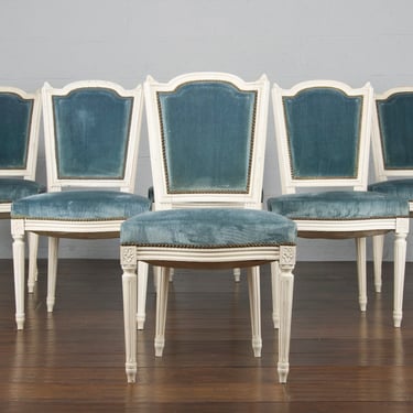 Antique French Louis XVI Style Painted Provincial Blue Velvet Dining Chairs - Set of 6 