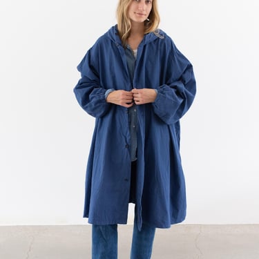 Vintage Workwear Blue Hood Jacket | Unisex Cotton Smock Drawstring Anorak Lightweight Spring Layer | XL XXL | 