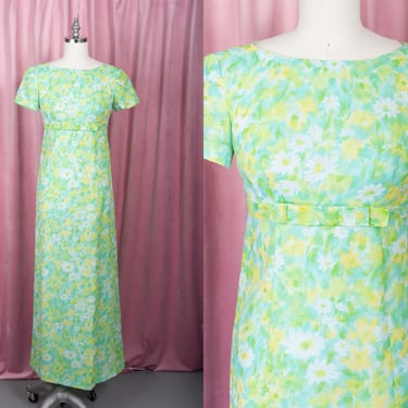 Late 50s / Early 60s Pastel Blue, Green, Yellow Floral Print Empire Waist Full Length Dress with Bow Detail 