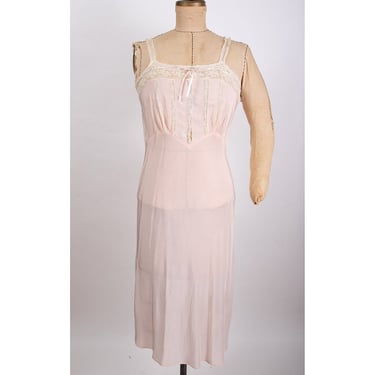 1940s lace slip dress / Vintage pale pink bias cut rayon lingerie / S M 