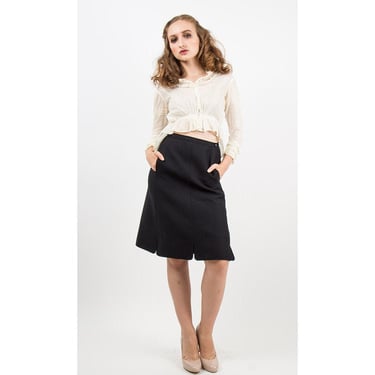 Vintage COURREGES / 1980s high waist black wool A line skirt / Tulip tab hem S 