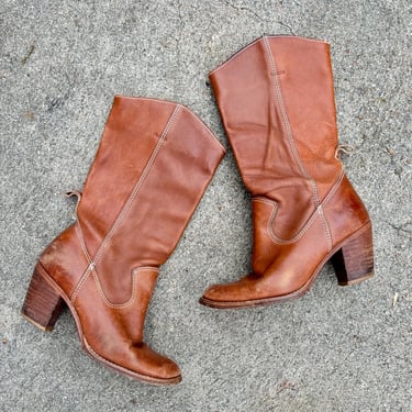 Vintage Brown Leather Western Cowgirl Boots 5 1/2 Booties Heeled Tan Women’s by TimeBa