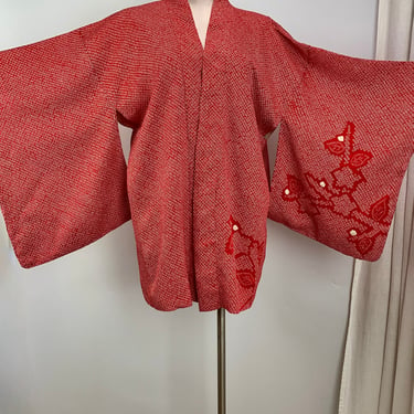 Vintage Kimono - ALL SILK - Elaborate Traditional Japanese Shibori - Cropped Length - Vivid Red Revealing White - Size Medium to Large 