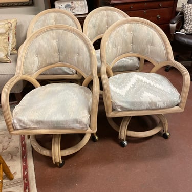 Four Blonde Wood Charleston Barrel Chairs on Rollers with Cushions & Upholstered Backs