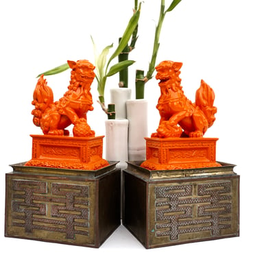 Pair of Hermés Orange Foo Dogs | Shishi Guardian Lion Figurines | Male & Female Color Pop Protection Statues | Stylish Unique Home Décor 