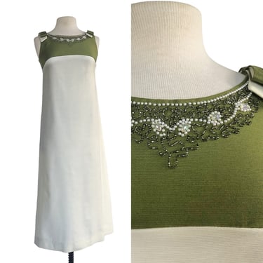 Vintage 60s winter white & moss green maxi dress | bows | beaded neckline| VFG 